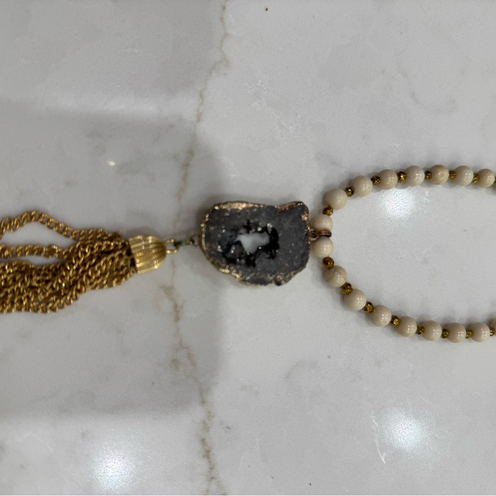 Gold and Black Geode Necklace with gold tassel